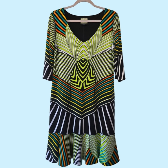 Firuze San Fran Vibrant Abstract Print V-Neck Midi Dress 3/4 Sleeve Flounce Hem - Picture 1 of 4